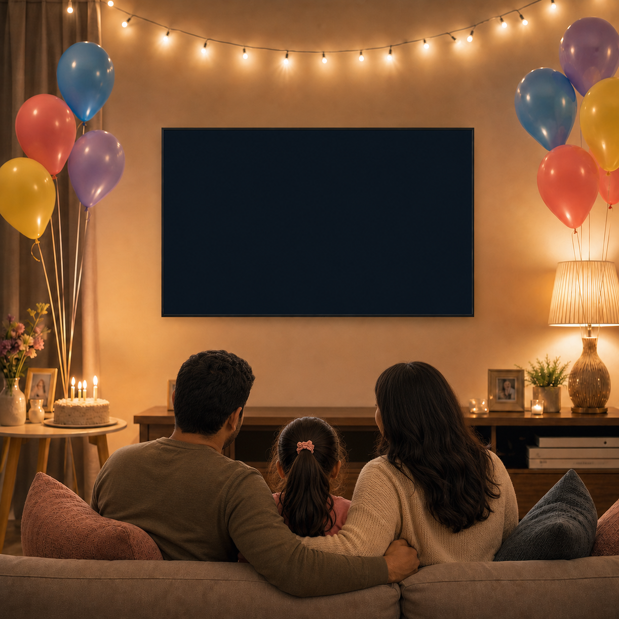 A family watching Racing Star Birthday Video together on television